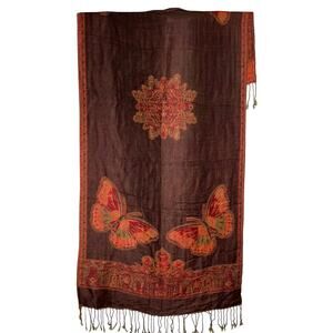 Pashmina Oversize Scarf Brown Red Orange Butterfly Floral Fringe